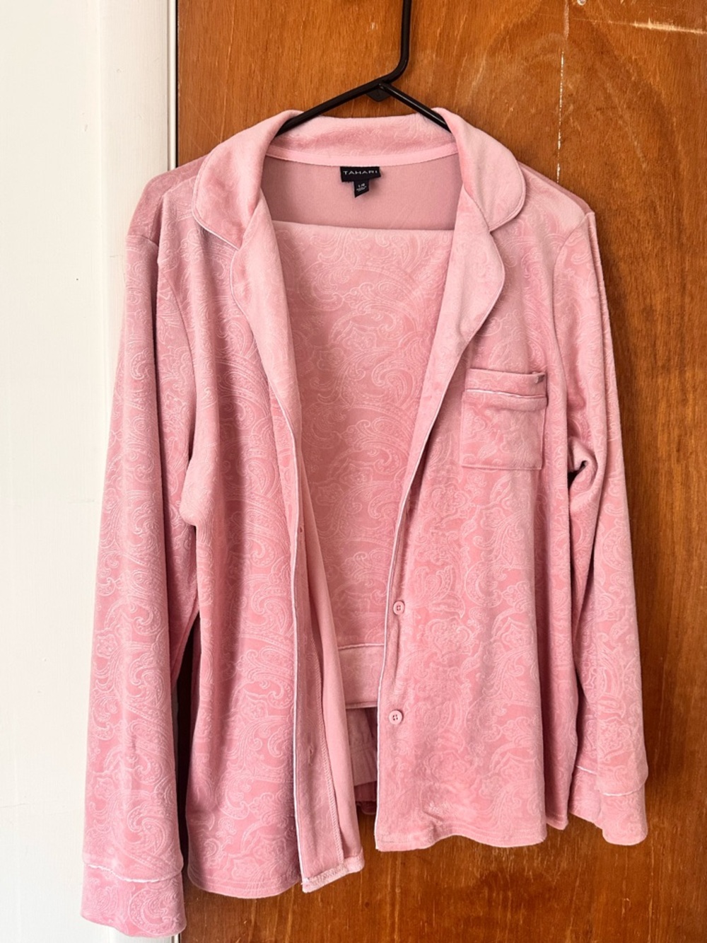 Tahari Pink Paisley Plush Button-Front Lounge Shirt set